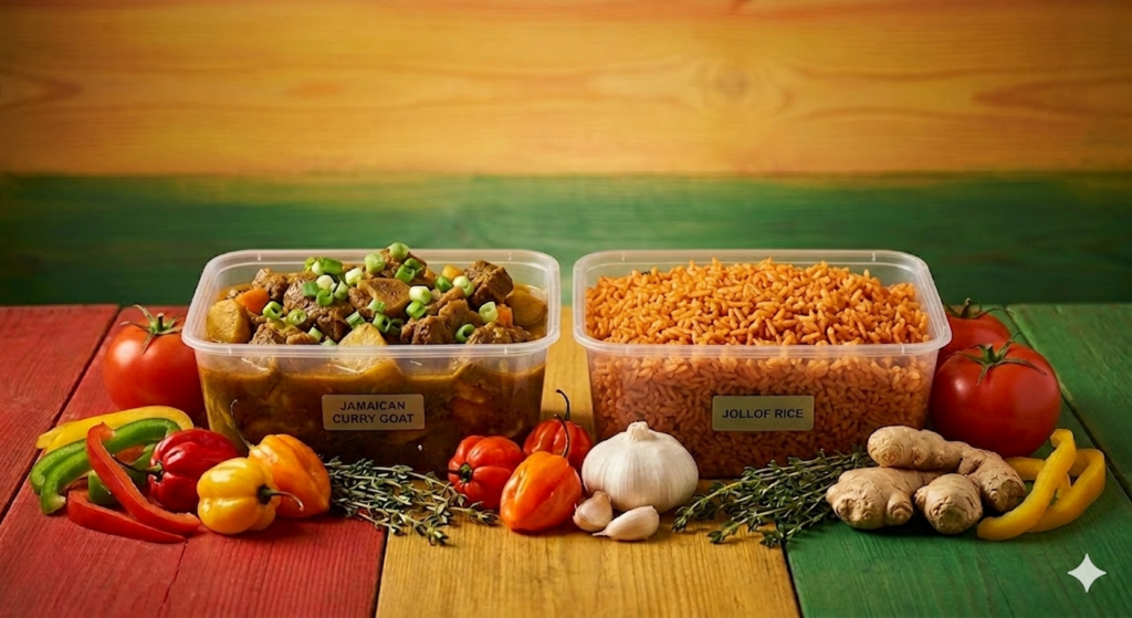 jamaican curry goat with jollof rice frozen meal 500ml uk delivery