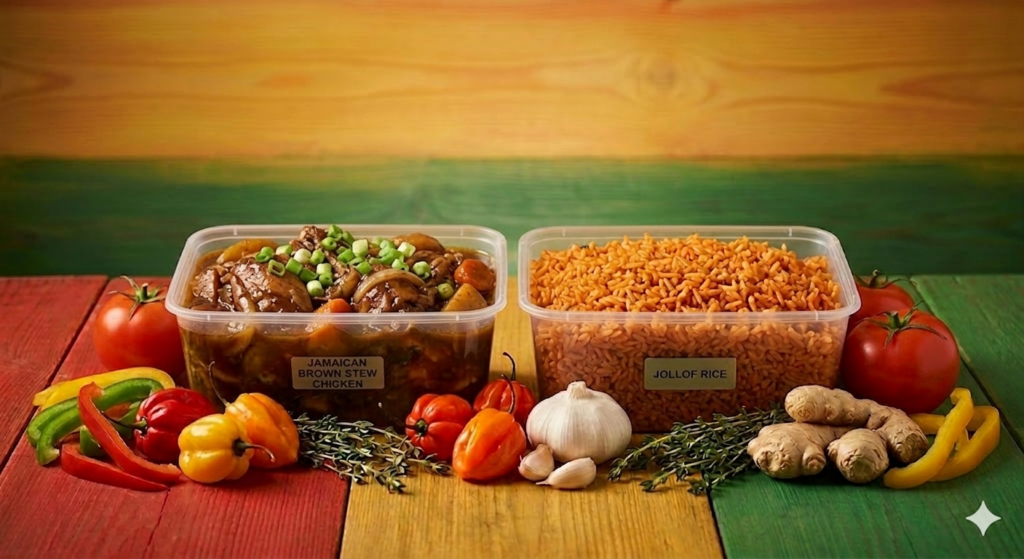 jamaican brown stew chicken with jollof rice frozen meal 500ml uk delivery